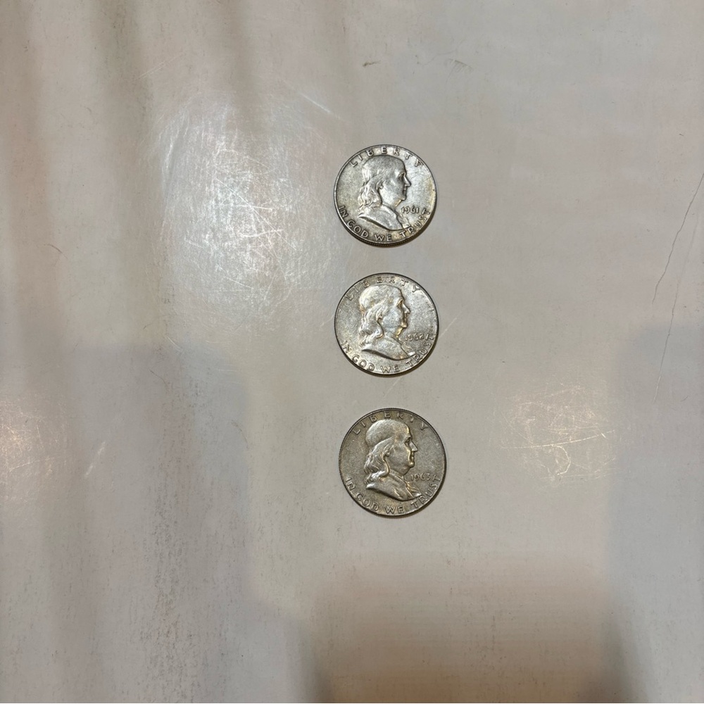 Silver Coins - Franklin Half Dollars, Lot of 3 (1961, 1962, 1963)